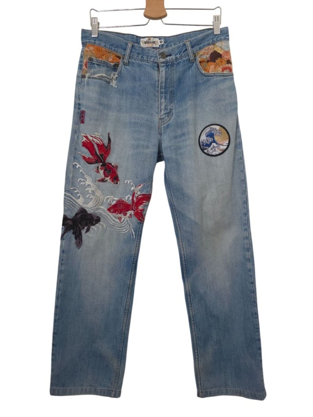 Karakuri Tamashii Japanese Denim Jeans w/ Embroidered Koi Fish & Wave Design 32